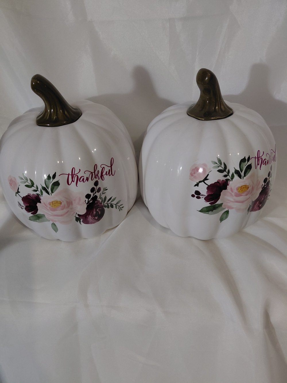 White Ceramic Pumpkin Pair with Pink & Burgundy Floral Thankful Script